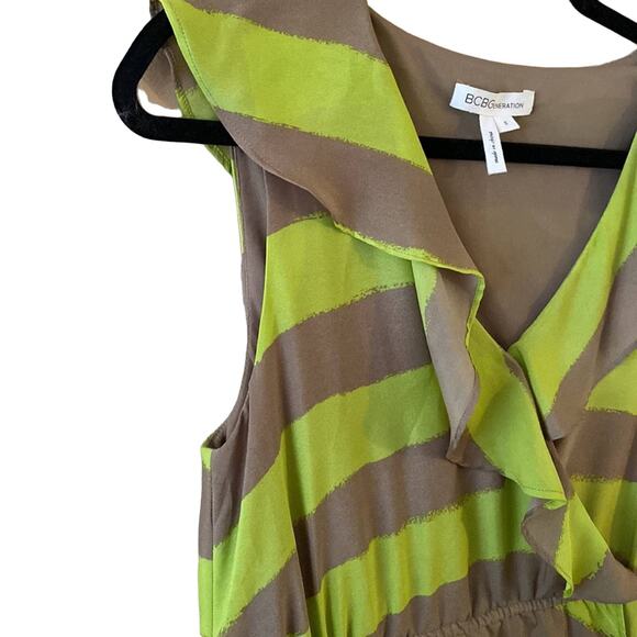 BCBG Green Gray Striped Ruffle V Neck Lined Sleeveless Feminine Mini Dress Small - Picture 6 of 12